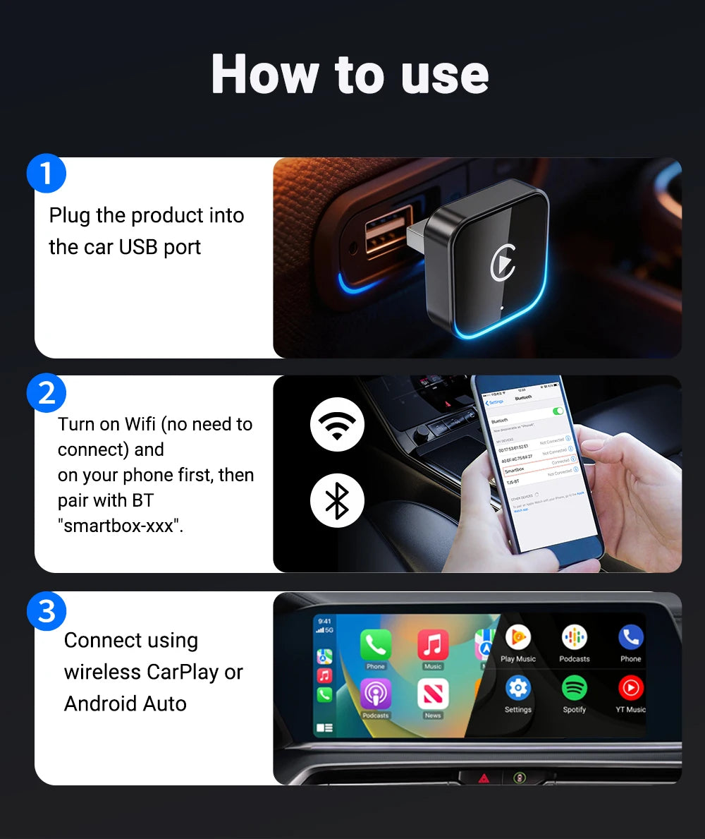 2-in-1 Wireless CarPlay & Android Auto Adapter – 5GHz WiFi, USB-C/USB