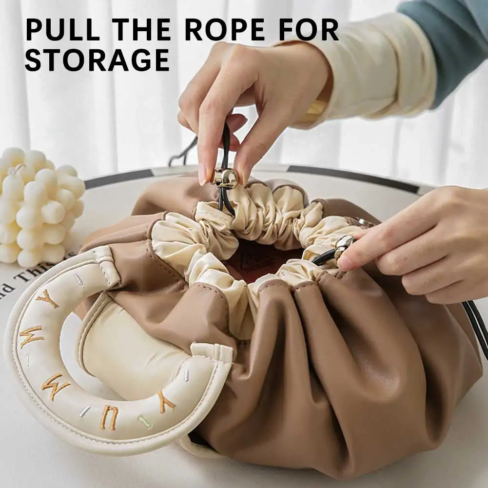 Drawstring Makeup Bag – Large Capacity PU Barrel Cosmetic & Travel Toiletry Pouch