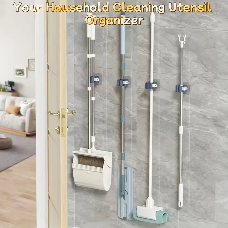 Self-Adhesive Mop & Broom Wall Holder – No-Drill Waterproof Clip Organizer