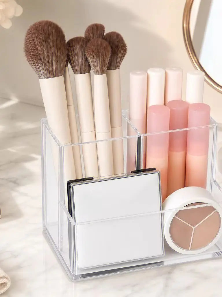 Organisateur de Pinceaux Maquillage Acrylique Transparent – 3 Compartiments