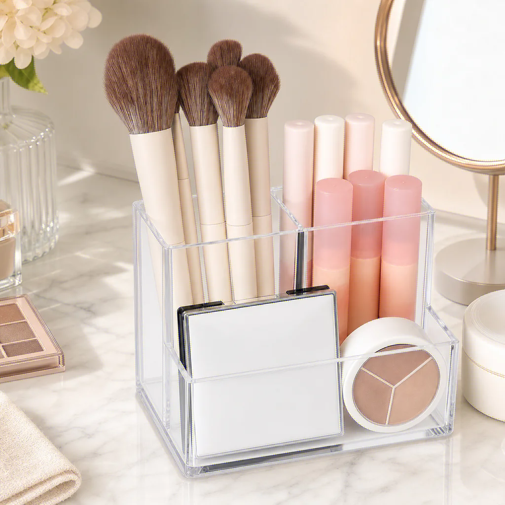 Organisateur de Pinceaux Maquillage Acrylique Transparent – 3 Compartiments