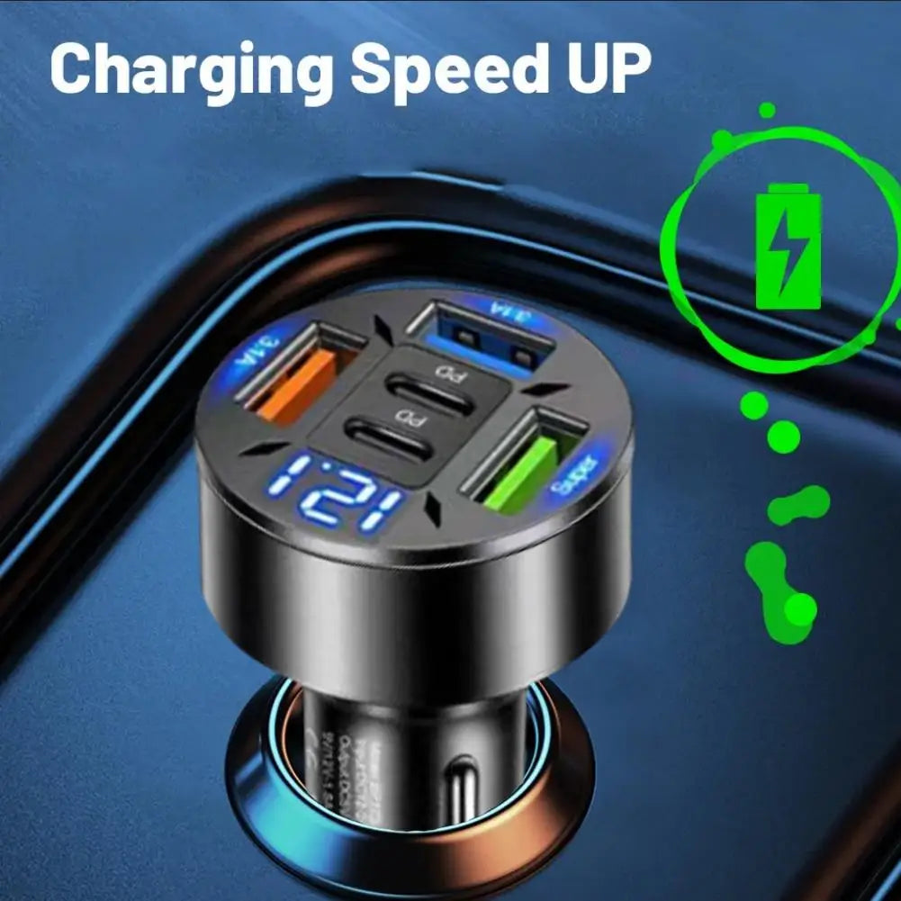 5-Port Car Charger 250W – Fast Charging PD & QC3.0, USB-C & USB-A for iPhone & Android