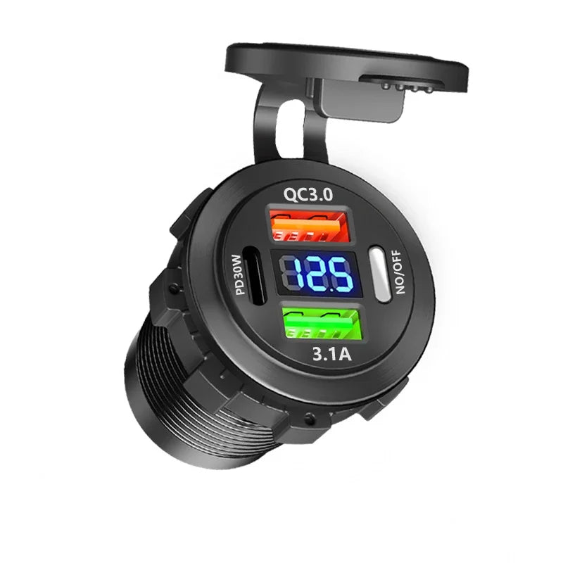 Car USB Charger Socket – PD3.0 & QC3.0, 3/4 Ports, Voltmeter, On/Off Switch, 12/24V