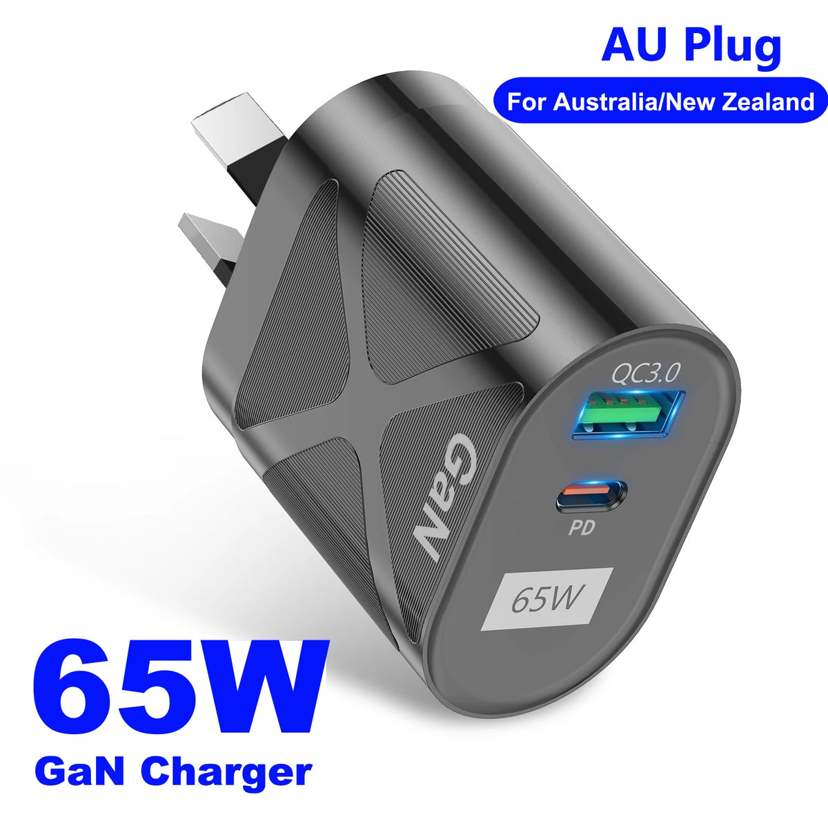65W GaN Charger AU Plug – PD 33W + QC3.0, Fast Charging, White/Black, Australia & NZ