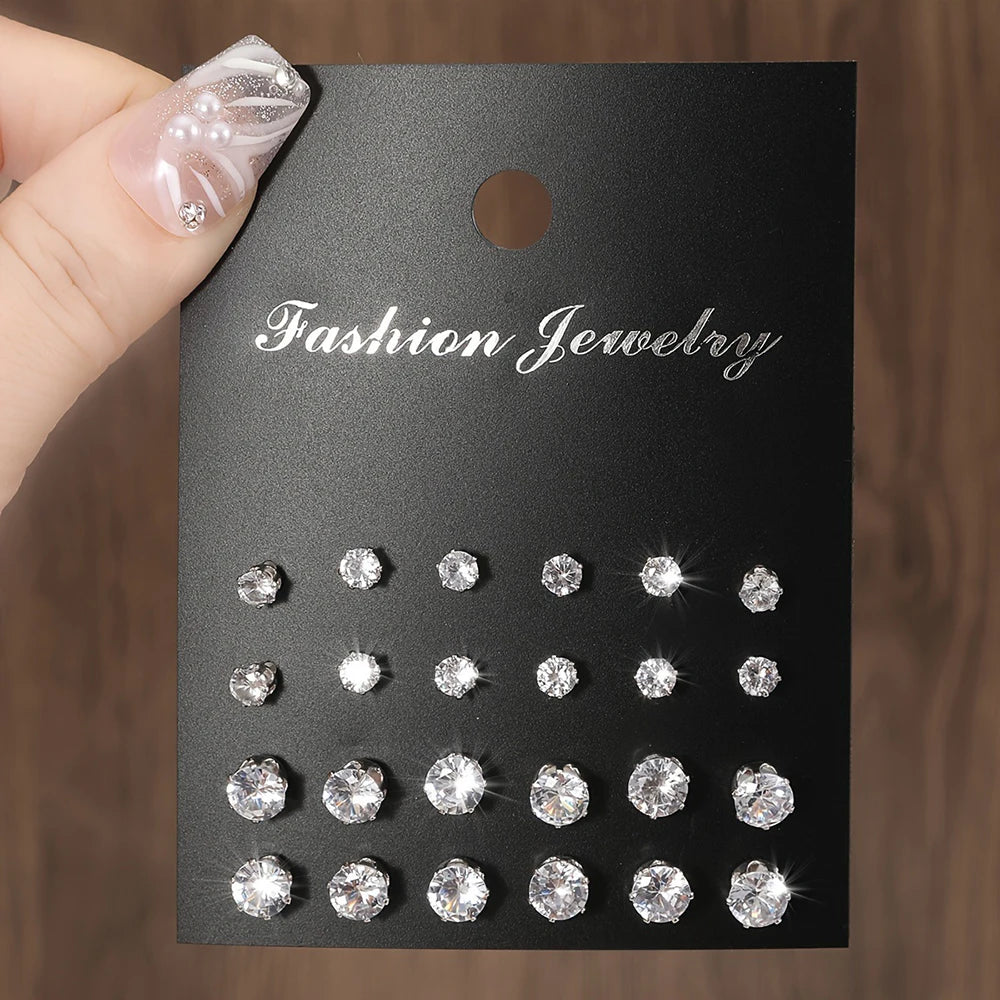 Cubic Zirconia Stud Earrings Set – 12, 24 or 36 Pairs | Shiny Silver Crystal Ear Jewelry for Women