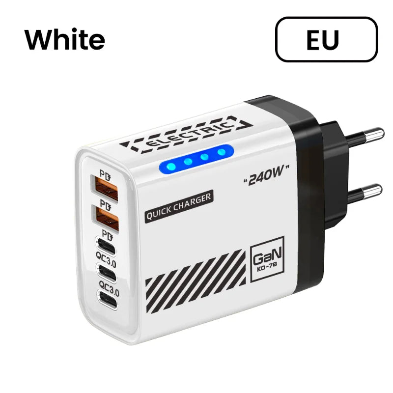 240W GaN Desktop Charger – 5 Ports (3x USB-A + 2x USB-C), LED Light, US/EU Plug