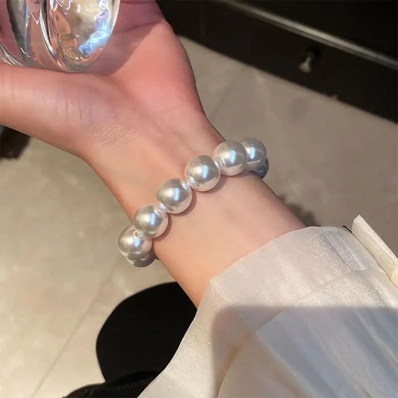 White Faux Pearl Beaded Bracelet — Adjustable Elastic