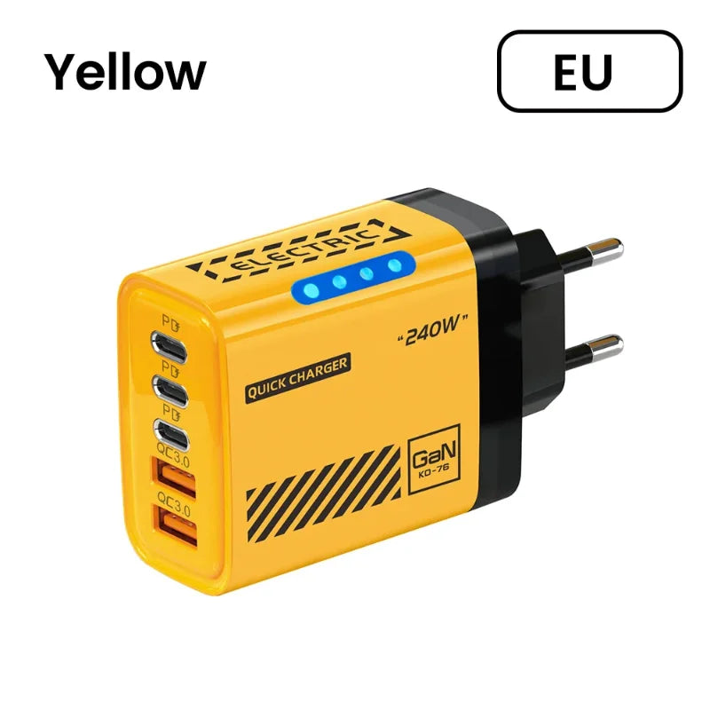 240W GaN Desktop Charger – 5 Ports (3x USB-A + 2x USB-C), LED Light, US/EU Plug