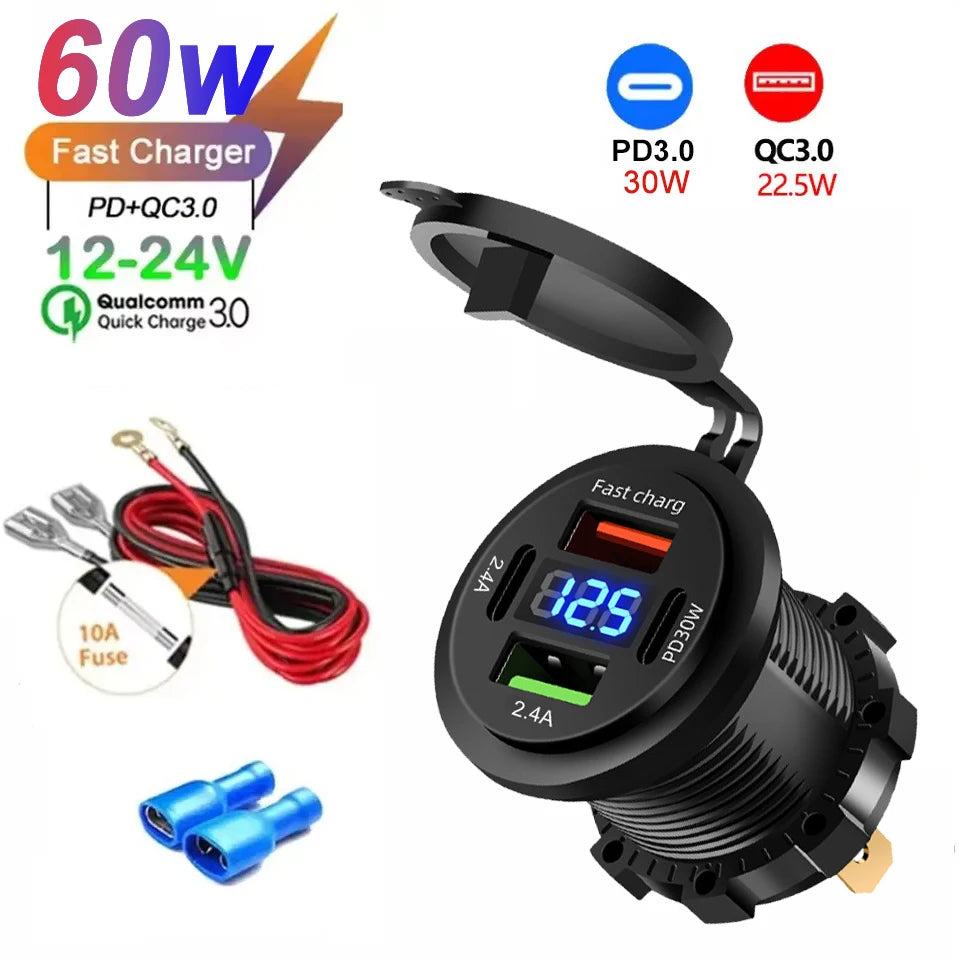 Car USB Charger Socket – PD3.0 & QC3.0, 3/4 Ports, Voltmeter, On/Off Switch, 12/24V