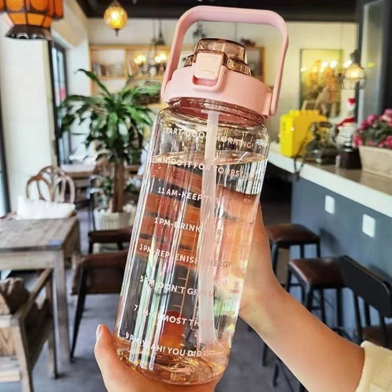 2L Water Bottle with Straw & Time Marker – Large Capacity Motivational Fitness Bottle for Sports & Outdoor (5 Colors)