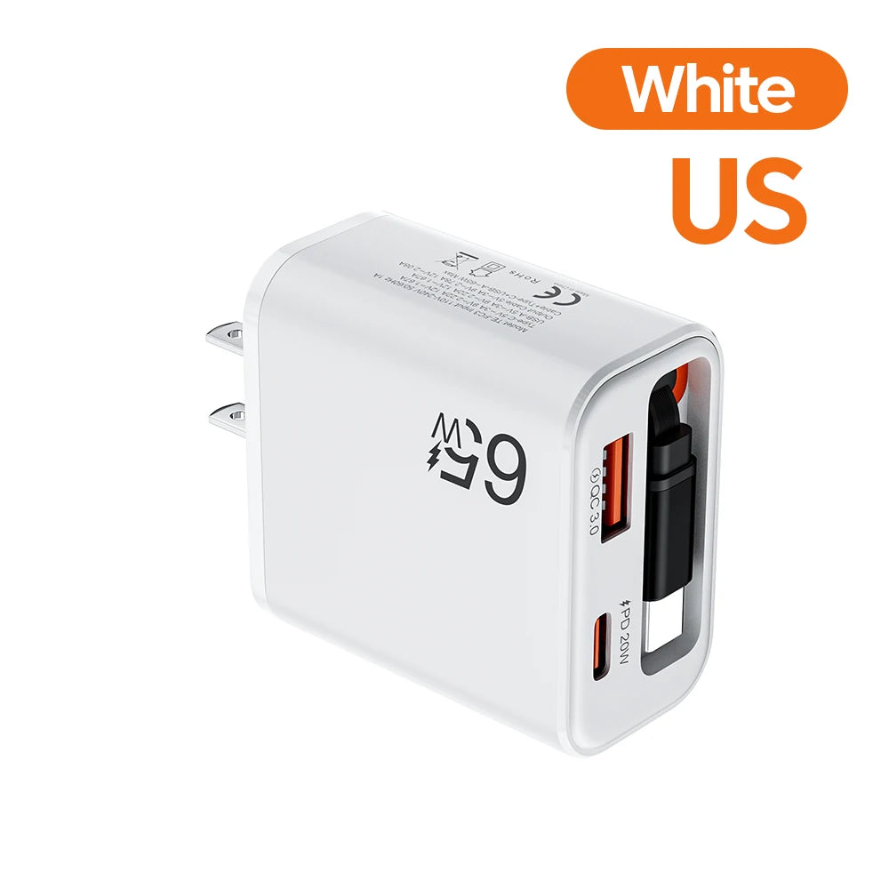 65W Wall Charger with Retractable USB-C Cable – PD & QC3.0 Fast Charging for iPhone, Samsung & Xiaomi