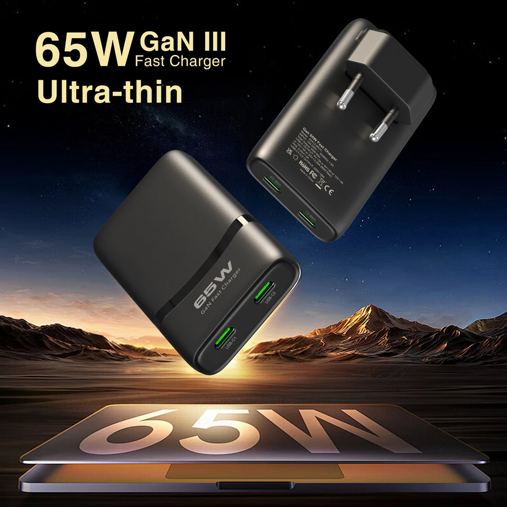 65W GaN Dual USB-C Wall Charger – Flat, Foldable Plug, Fast Charging, White/Black