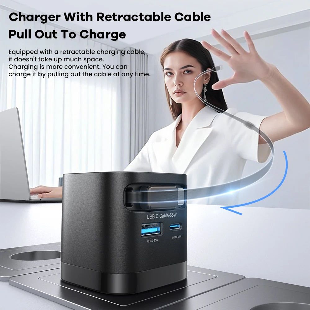 65W GaN Charger with Built-in Retractable USB-C Cable – 3 Ports, QC4.0 & PD3.0, US/EU/Korea Plug