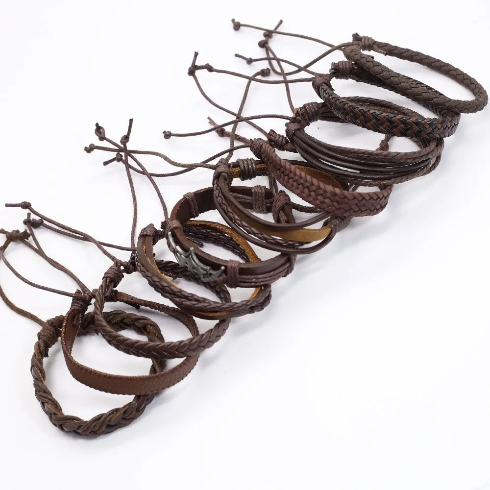 10-Piece Leather Wrap Bracelet Set — Handmade Woven