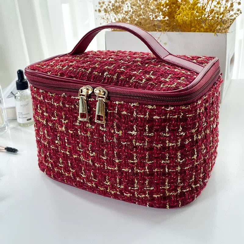 Knitted Style Makeup Bag – Large Canvas Cosmetic Storage Bag for Women