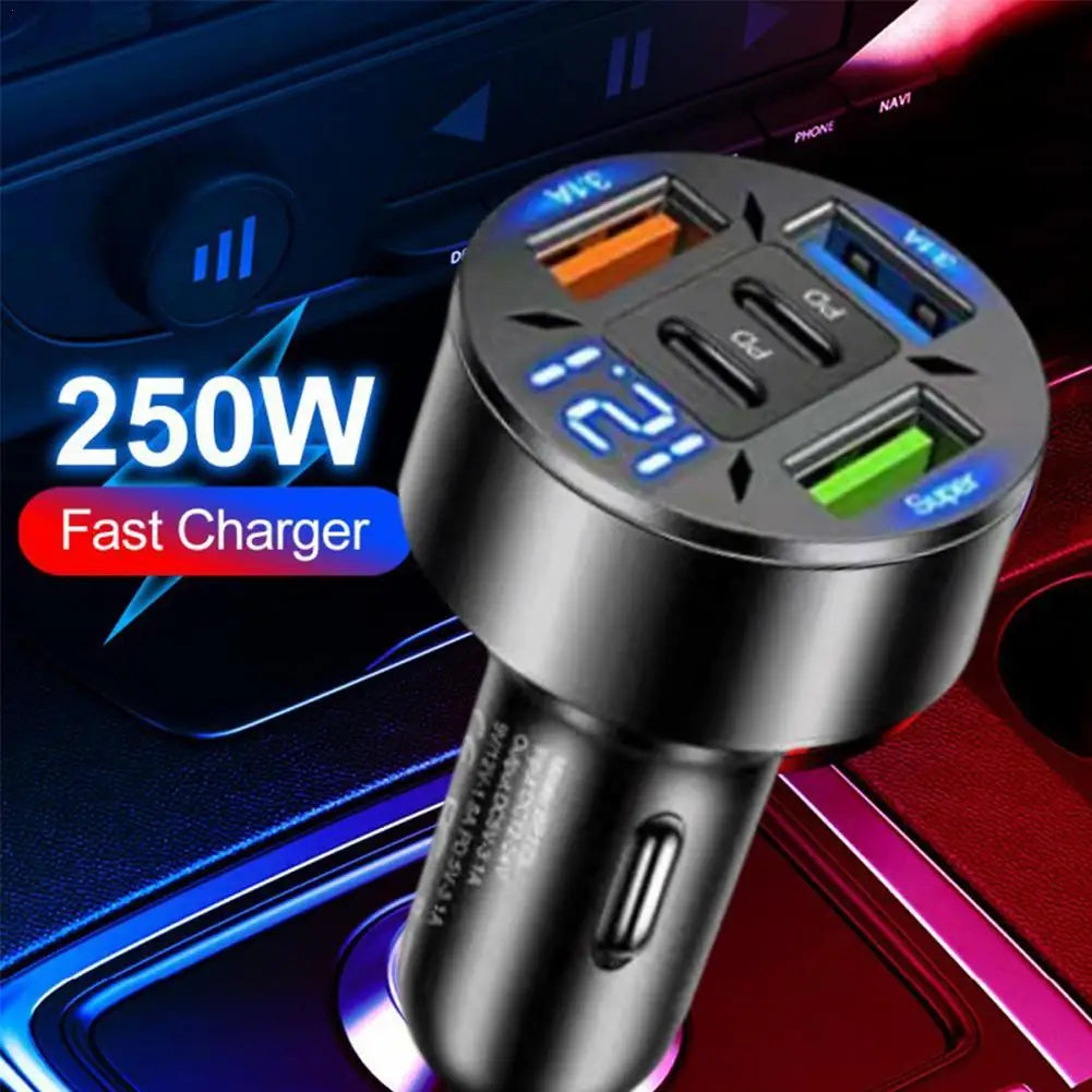 5-Port Car Charger 250W – Fast Charging PD & QC3.0, USB-C & USB-A for iPhone & Android