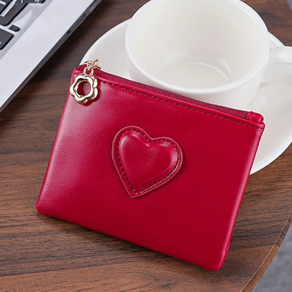 Women's Heart Detail PU Leather Card Holder – Chain Keychain | Dark Brown, Black, Brown, Red