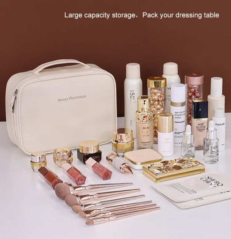 Women's Double Layer Makeup Bag – Large Capacity PU Cosmetic Organizer
