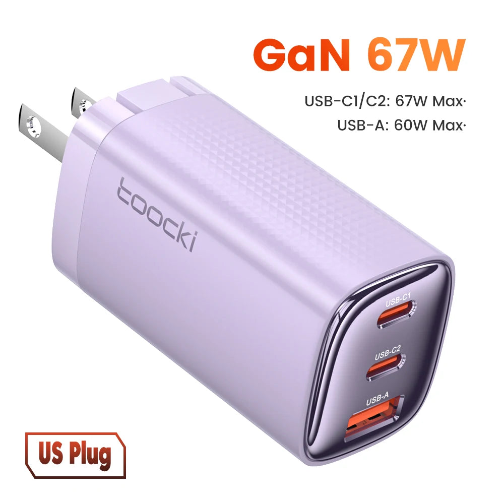 67W GaN USB-C Charger – 3 Ports, Digital Display, Fast Charge for Laptop & Phone
