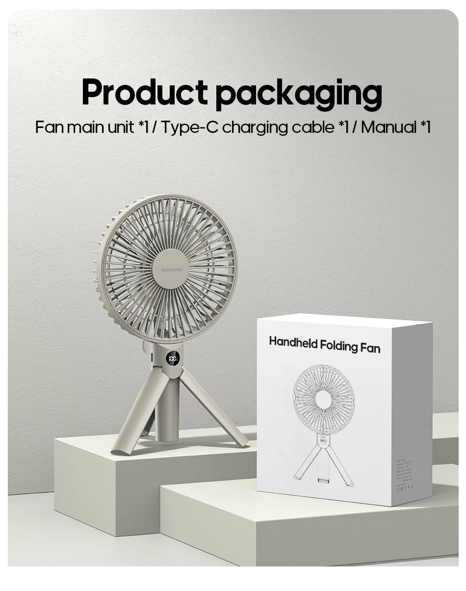 Ventilateur Portable Pliable 3-en-1 – 3000mAh, 4 Vitesses, Camping & Bureau