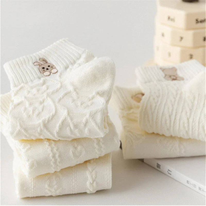5-Pair Women's Ankle Socks – Cute Bear & Rabbit Print