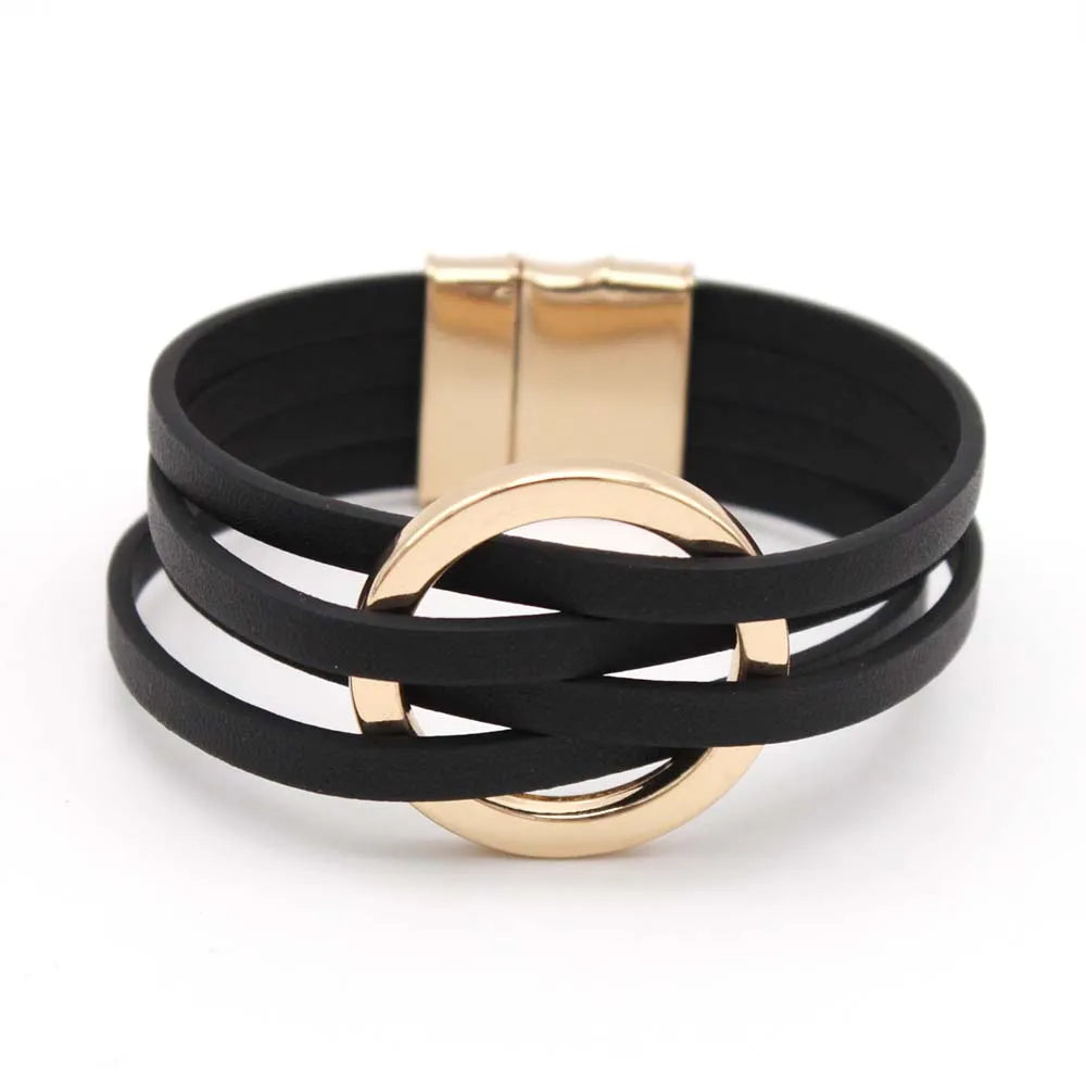 Leather Wrap Bracelet — Multilayer Wide Cuff