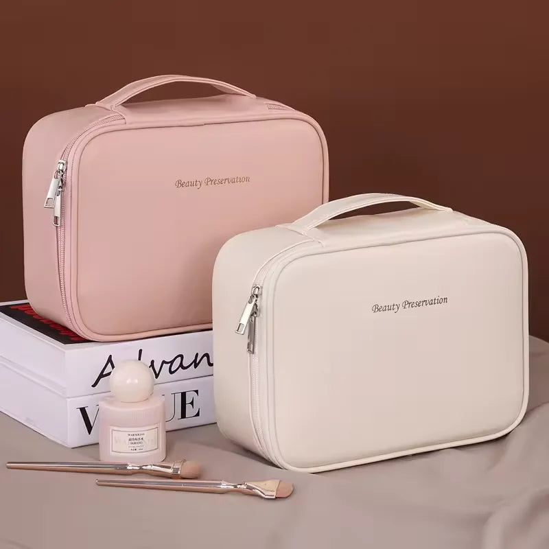 Women's Double Layer Makeup Bag – Large Capacity PU Cosmetic Organizer
