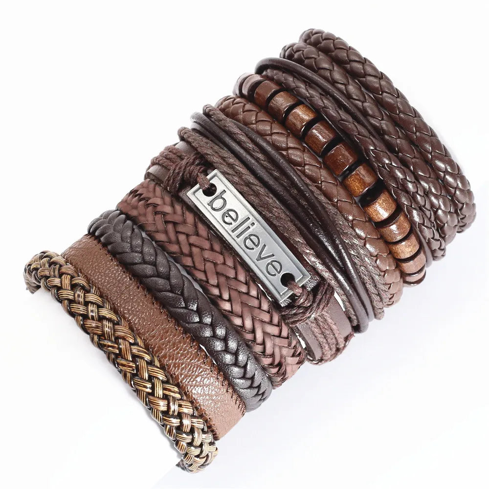 10-Piece Leather Wrap Bracelet Set — Handmade Woven