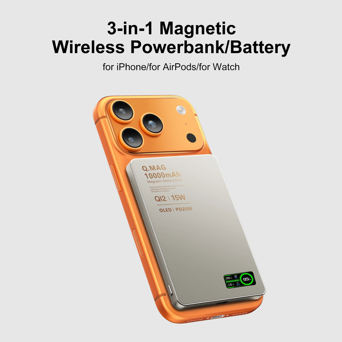 3-in-1 Magnetic Power Bank – Qi2.1, 15W Wireless, LCD Screen, 5000/10000mAh, for iPhone & Apple Watch