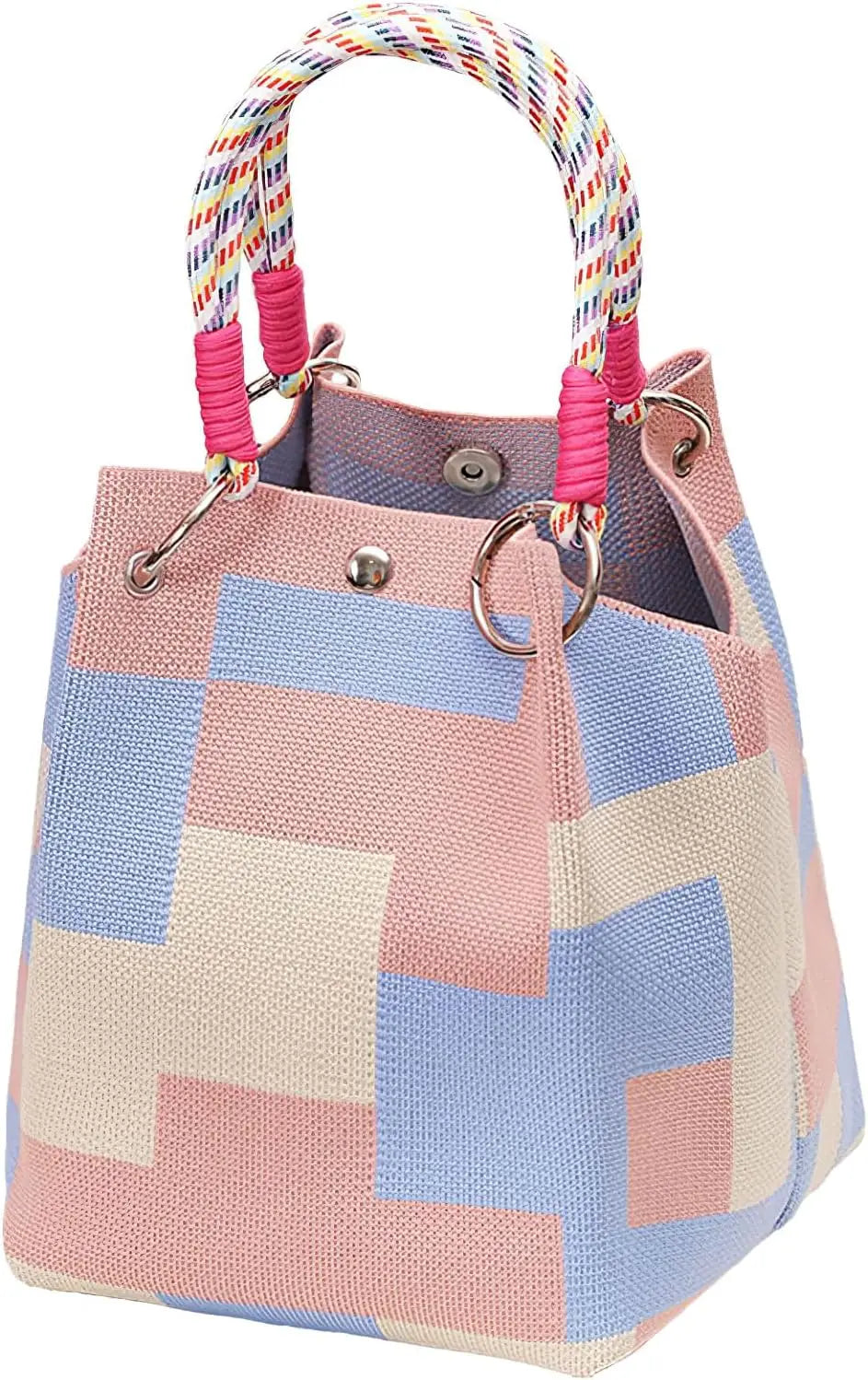 Women's Mini Knitted Bucket Bag – Boho Colorblock Wristlet Purse
