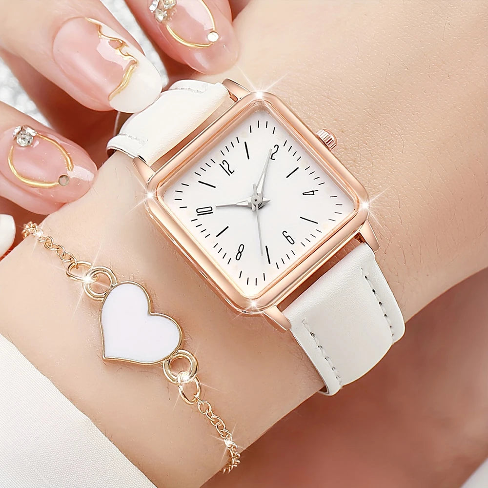 Minimalist Quartz Watch – Leather Strap, Square Dial, Unisex