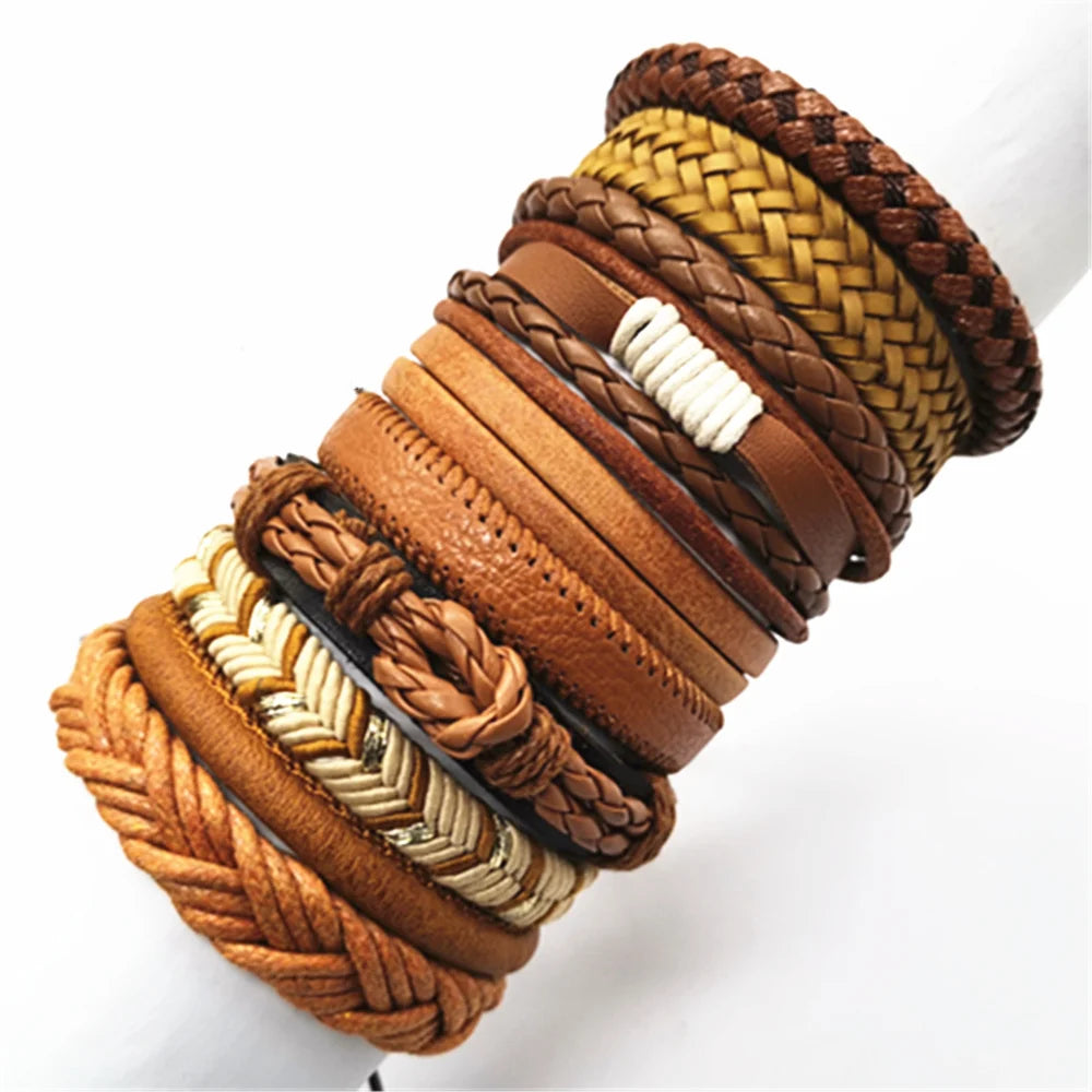 10-Piece Leather Wrap Bracelet Set — Handmade Woven