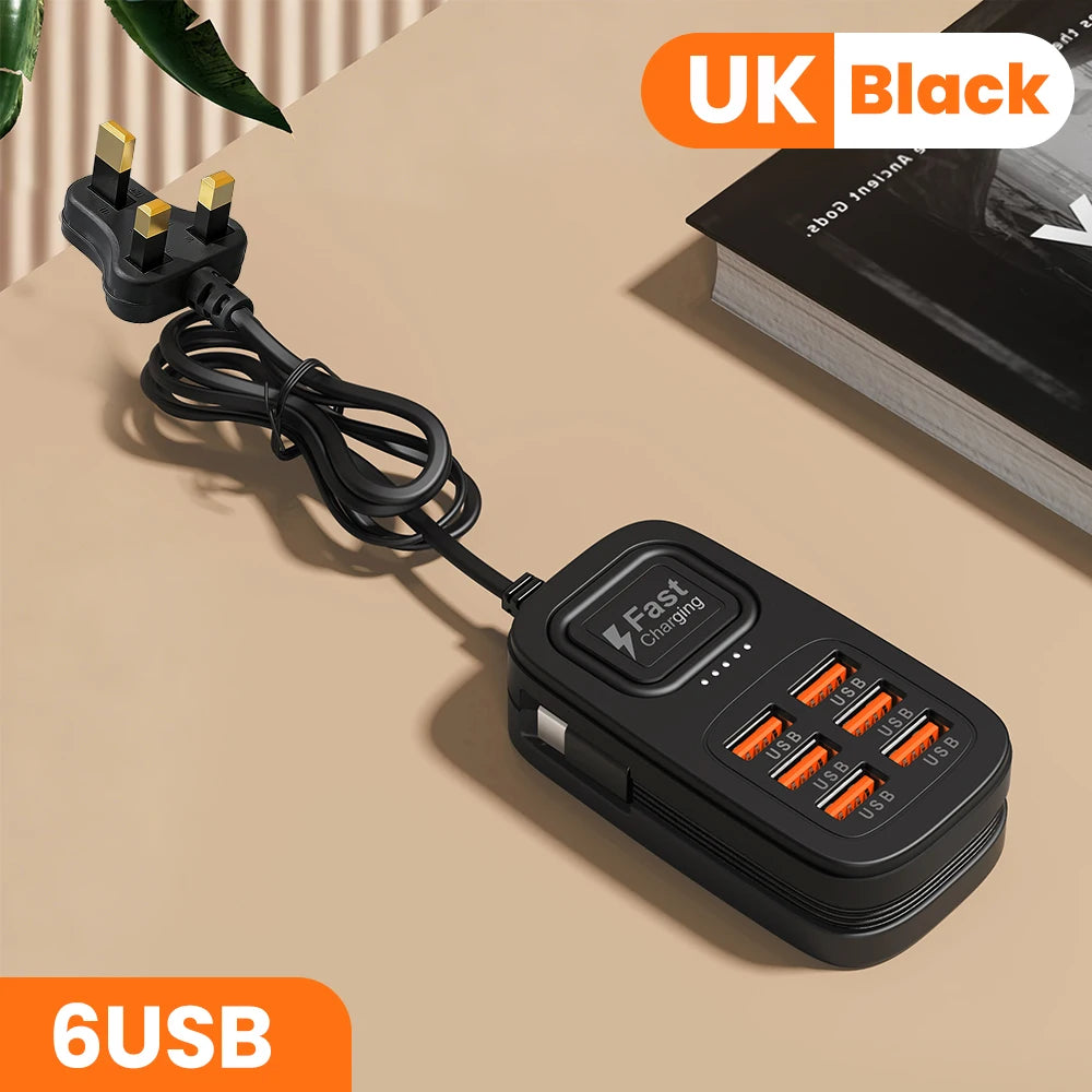 6-Port USB Fast Charger – Desktop Charging Station with USB-C (EU/UK/US)