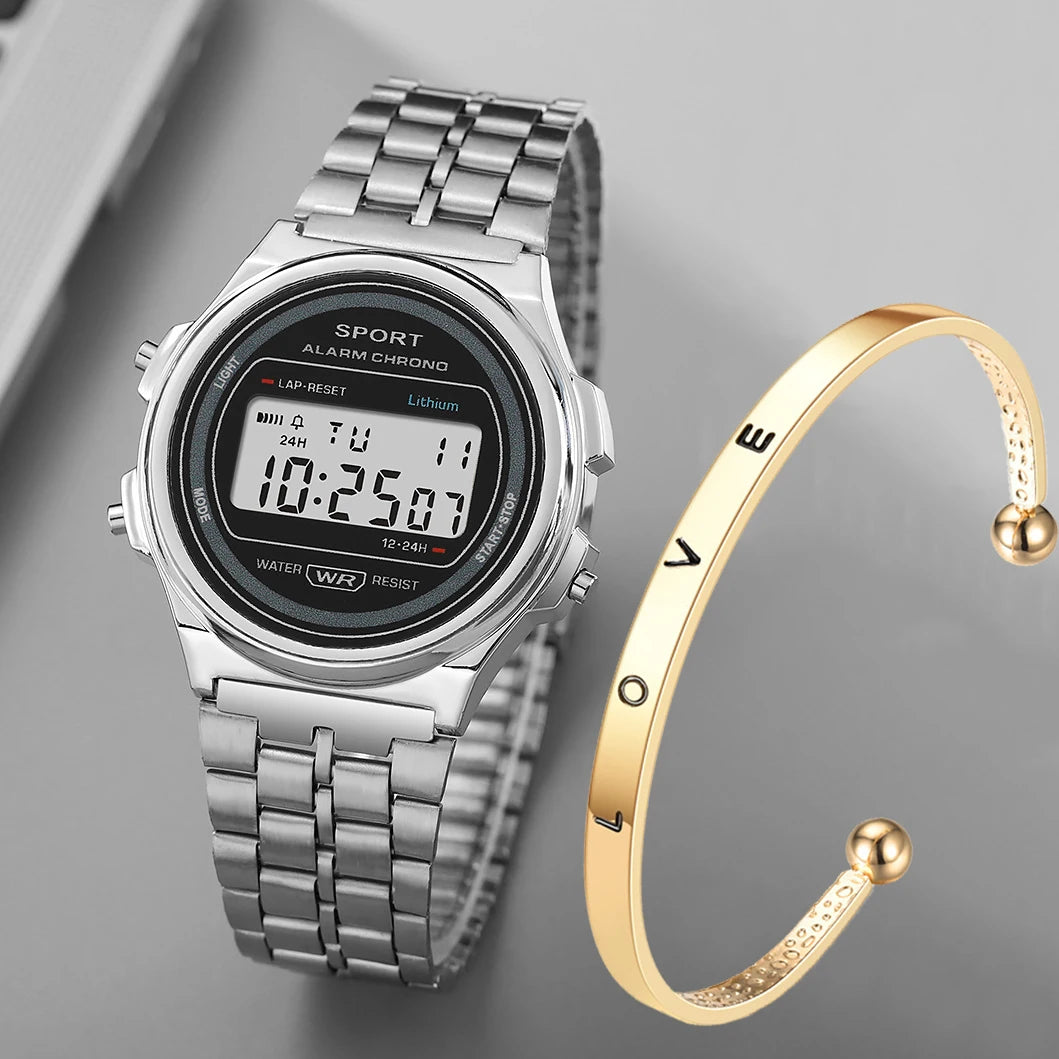 Women's Retro LED Digital Watch – Stainless Steel Strap