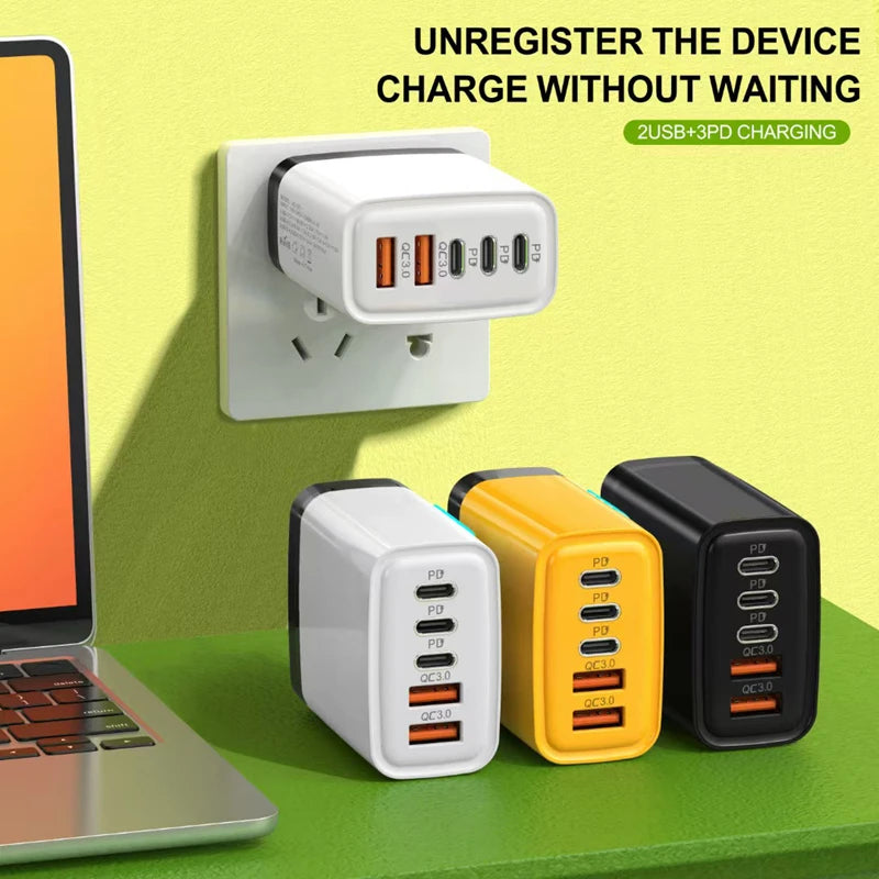 240W GaN Desktop Charger – 5 Ports (3x USB-A + 2x USB-C), LED Light, US/EU Plug