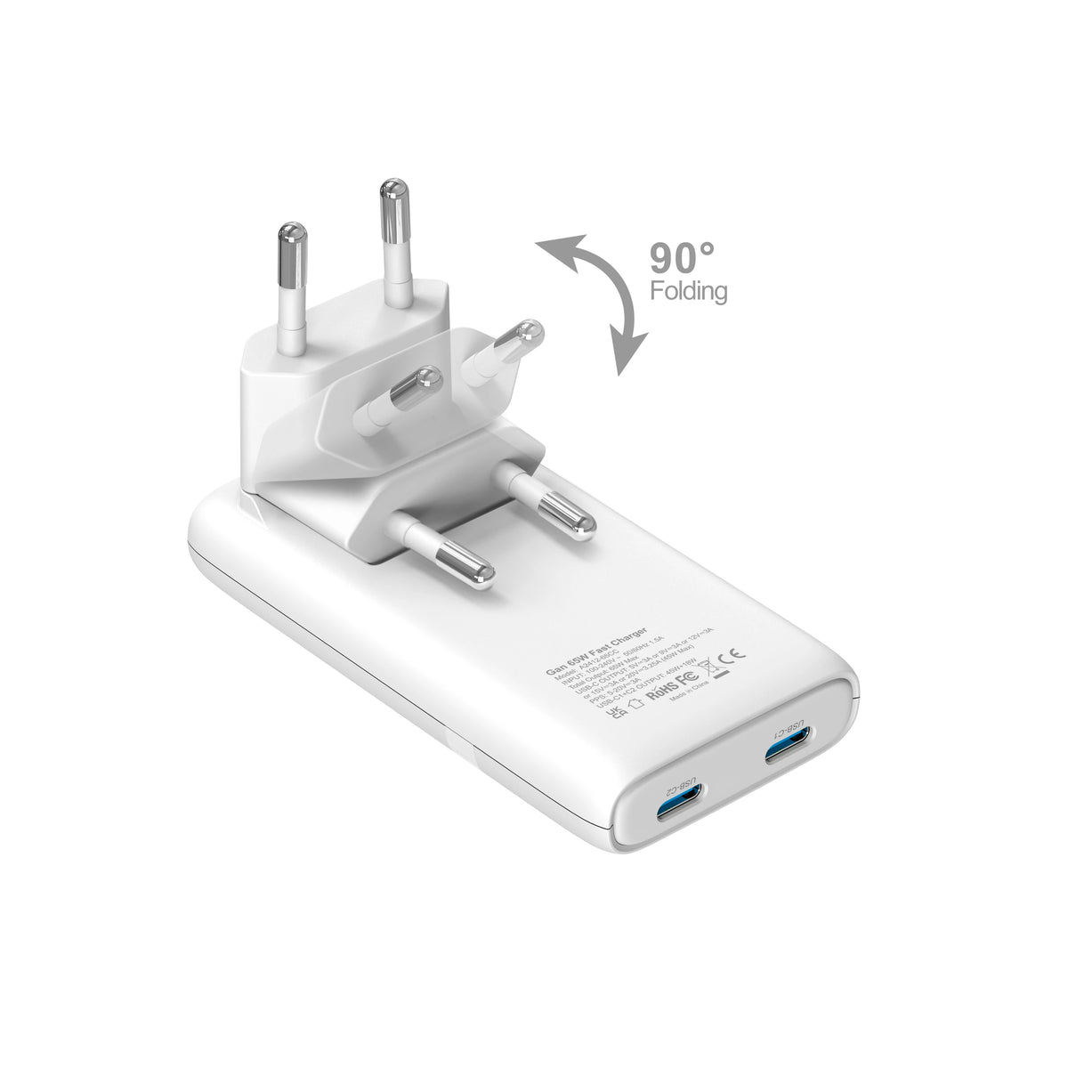 65W GaN Dual USB-C Wall Charger – Flat, Foldable Plug, Fast Charging, White/Black