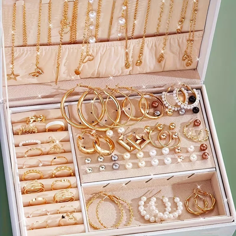 86-Piece Boho Jewelry Set – Pearl & Alloy Earrings, Necklaces, Rings & Bracelets | Gold & Silver