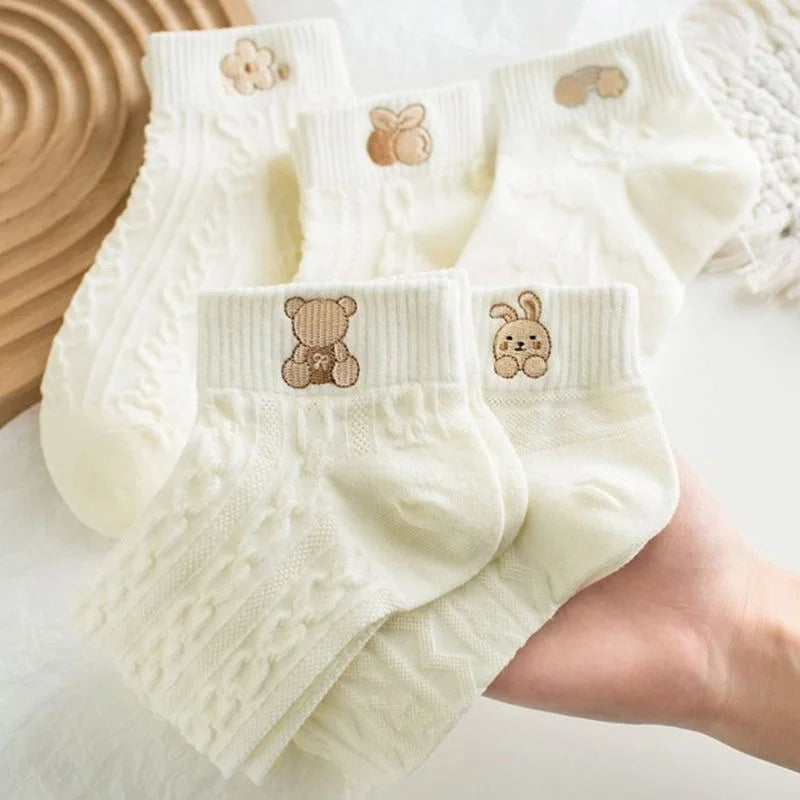 5-Pair Women's Ankle Socks – Cute Bear & Rabbit Print