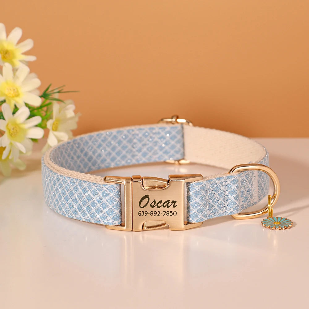 Personalized Bling Nylon Dog Collar – Free Engraved ID Tag with Flower Accessory