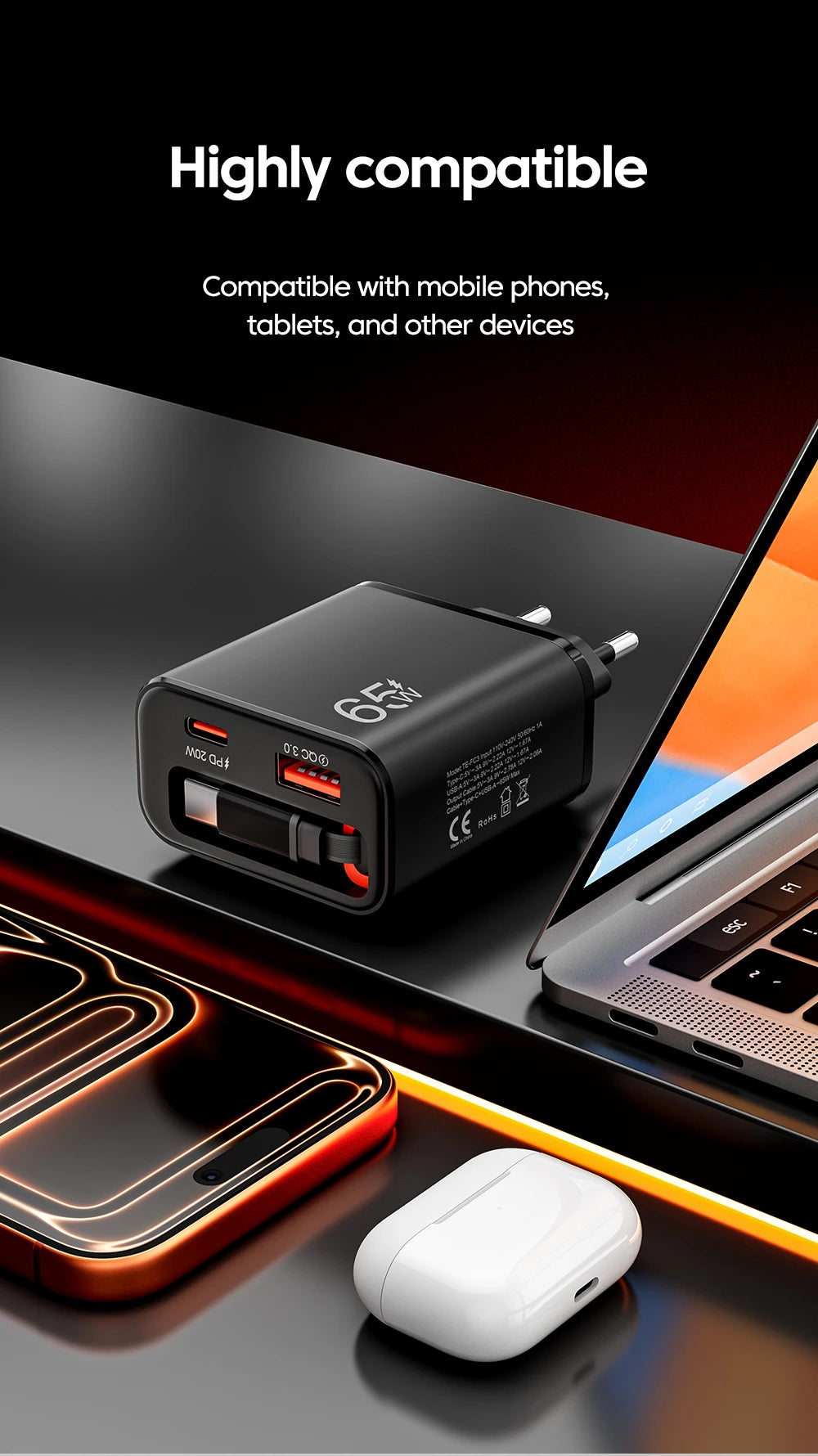 65W Wall Charger with Retractable USB-C Cable – PD & QC3.0 Fast Charging for iPhone, Samsung & Xiaomi