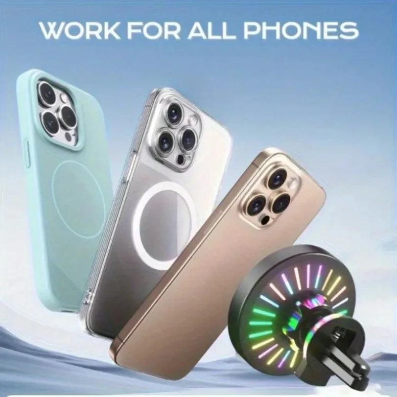 RGB Magnetic Wireless Car Charger Holder – MagSafe, Air Vent, 360° Rotation