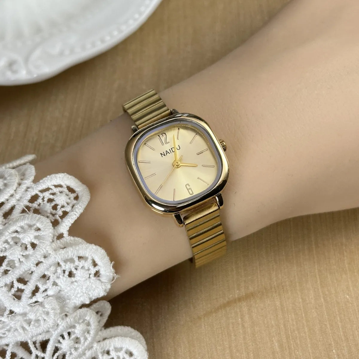 Women's Square Quartz Watch – Expandable Stainless Steel Band | Silver, Gold, Gold/Red, Gold/Black