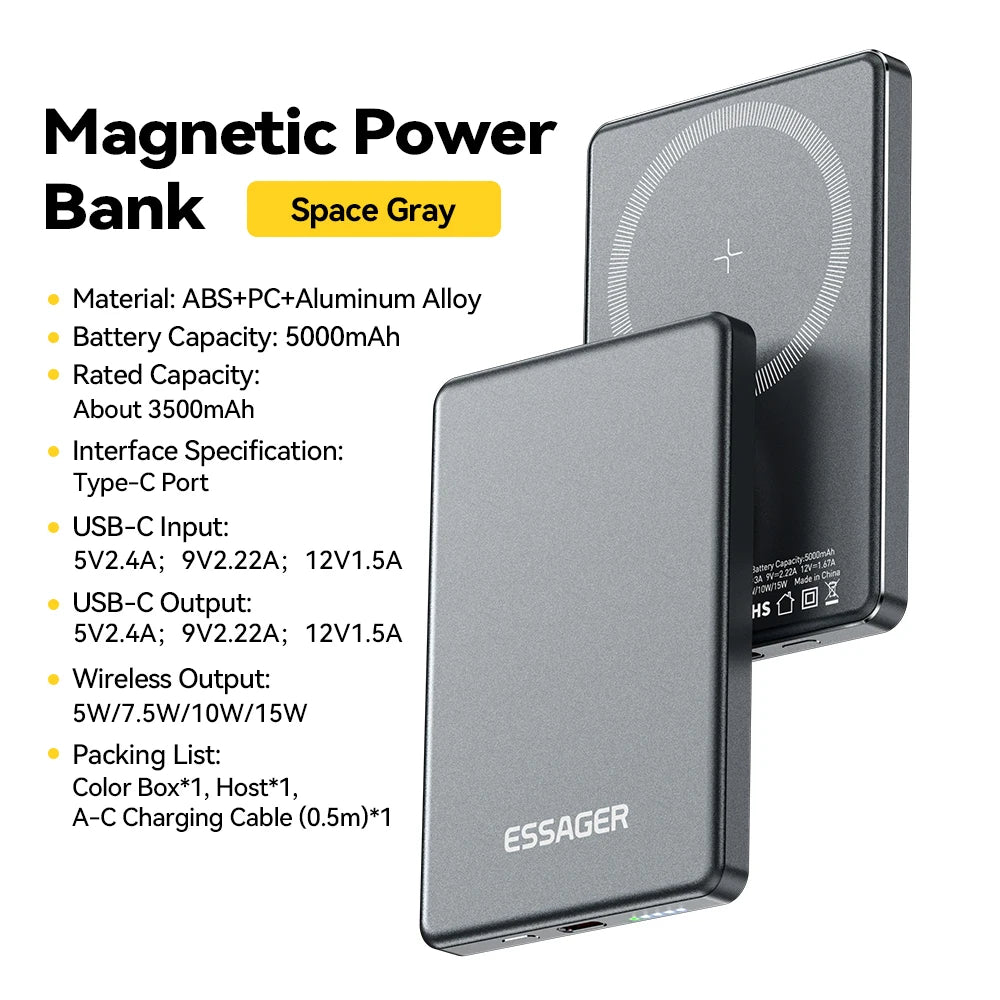 Essager 5000mAh Magnetic Wireless Power Bank – 20W, Ultra-Slim Metal, MagSafe, iPhone 14-17