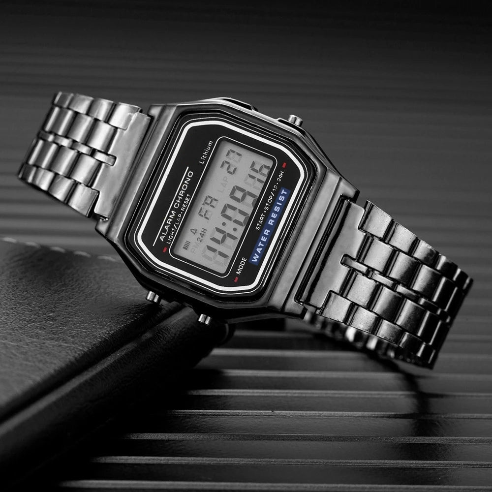 Men's LED Digital Watch – Stainless Steel Bracelet, Rectangle Dial, Rose Gold / Gold / Silver / Black
