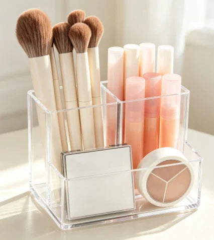 Organisateur de Pinceaux Maquillage Acrylique Transparent – 3 Compartiments