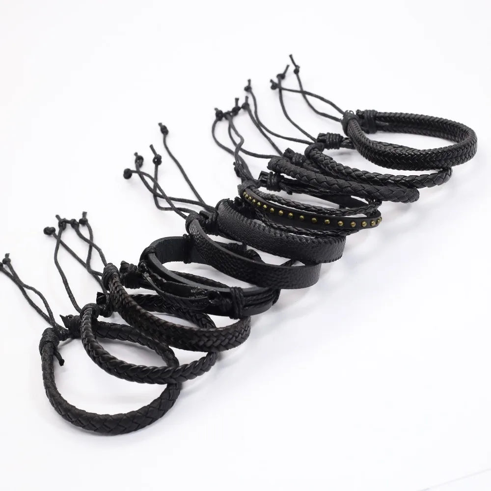 10-Piece Leather Wrap Bracelet Set — Handmade Woven