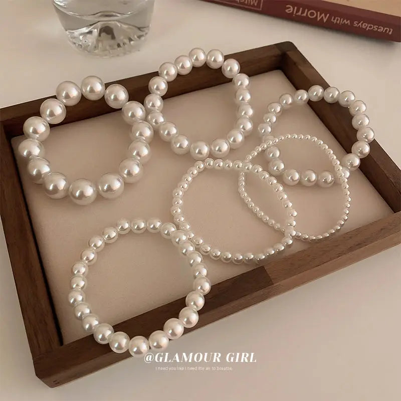 White Faux Pearl Beaded Bracelet — Adjustable Elastic