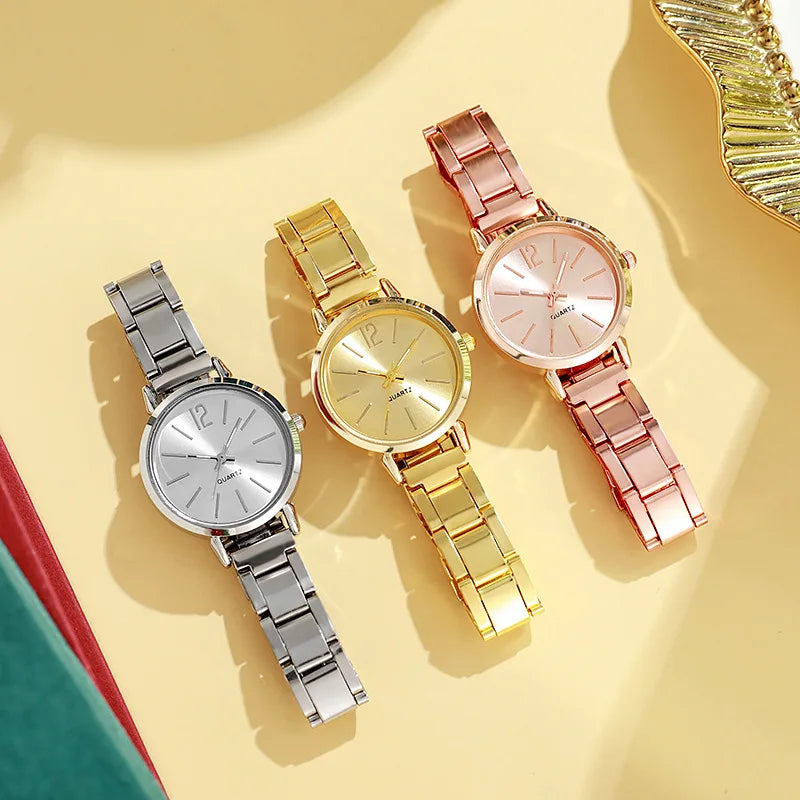 Women's Minimalist Quartz Watch – Alloy Bracelet Band, Numberless Dial | Rose Gold, Gold, Silver