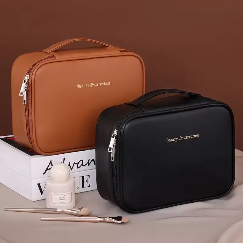 Women's Double Layer Makeup Bag – Large Capacity PU Cosmetic Organizer