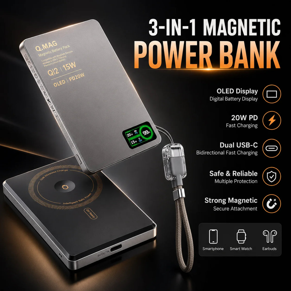 3-in-1 Magnetic Power Bank – Qi2.1, 15W Wireless, LCD Screen, 5000/10000mAh, for iPhone & Apple Watch